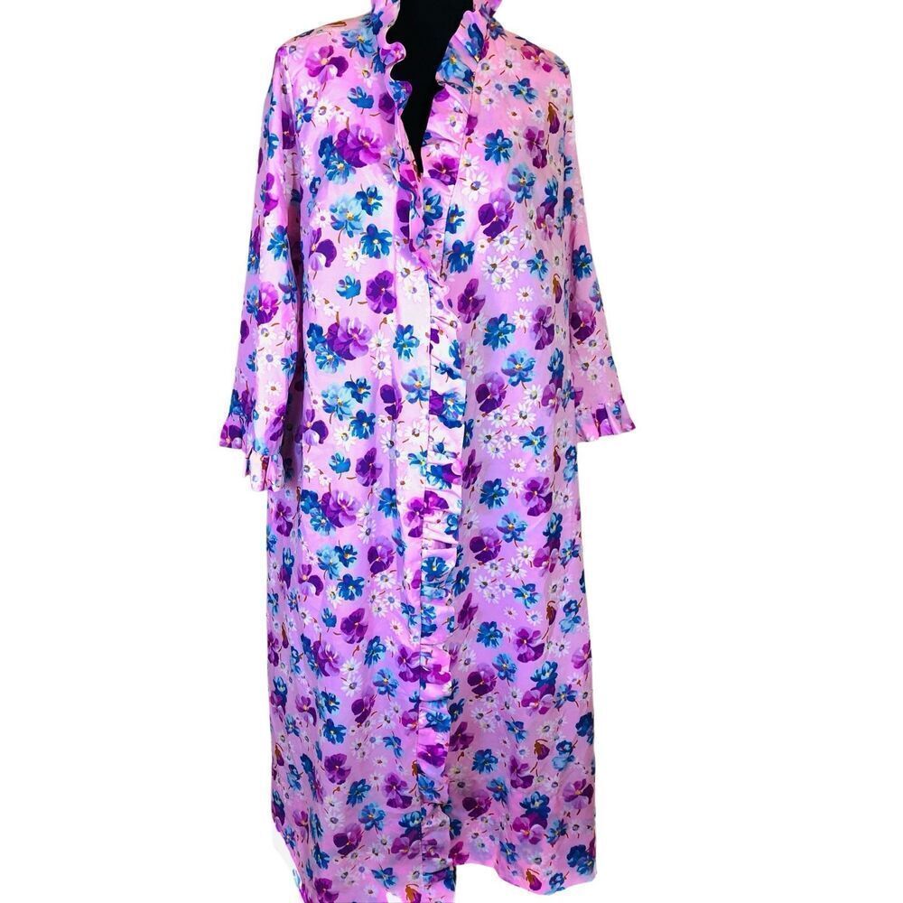 David Brown Vintage Pink Floral Ruffle Lounge Robe Duster / Burlesque Coverup L
